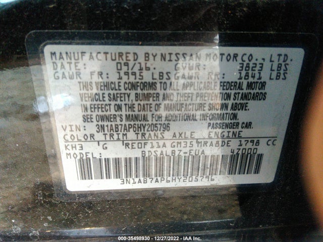 2017 NISSAN SENTRA S VIN: 3N1AB7AP6HY205796