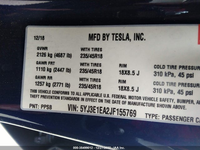 Tesla Model 3 Range Battery 2018 5YJ3E1EA2JF155769 Image 10