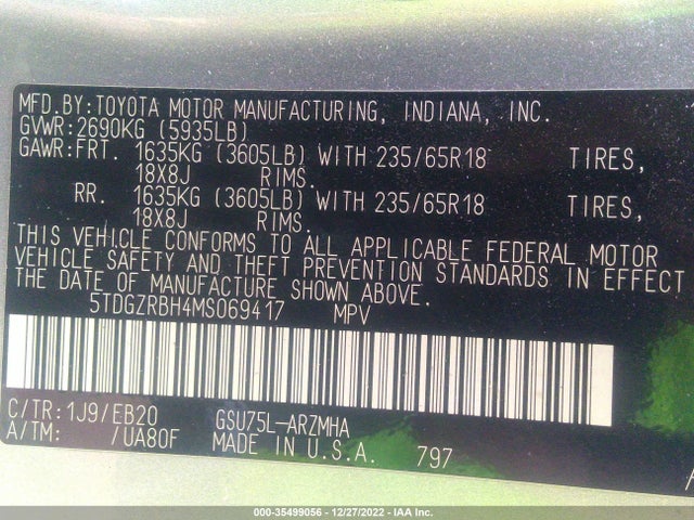 2021 Toyota Highlander, VIN: 5TDGZRBH4MS069417