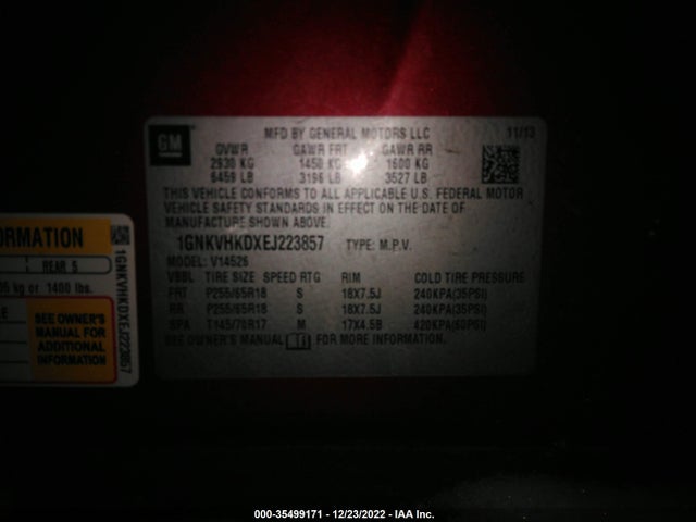 Chevrolet Traverse Lt 2014 1GNKVHKDXEJ223857 Image 10