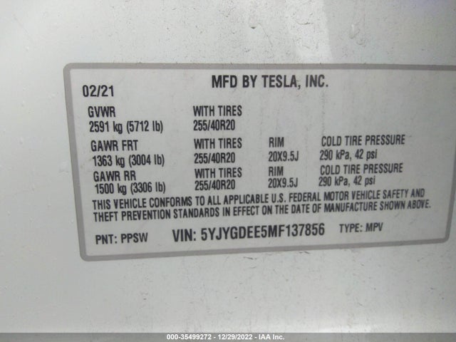 Tesla Model Y Long Range 2021 5YJYGDEE5MF137856 Image 9