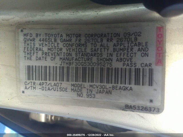 2003 LEXUS ES 300 VIN: JTHBF30G530095275
