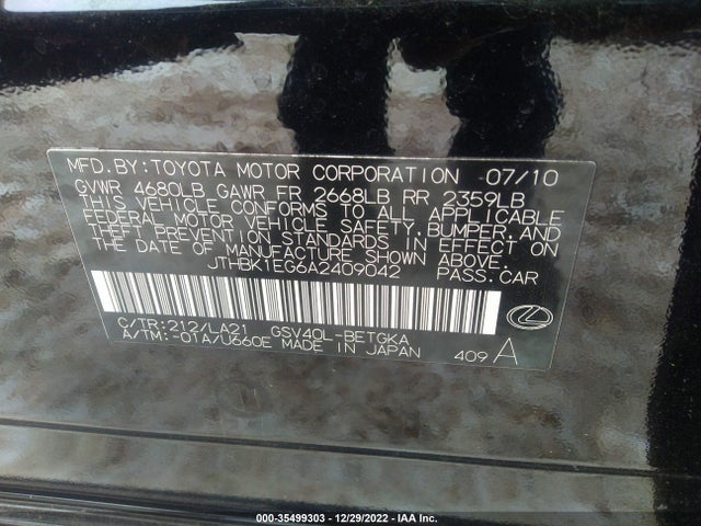Lexus ES 350 2010 JTHBK1EG6A2409042 Image 9
