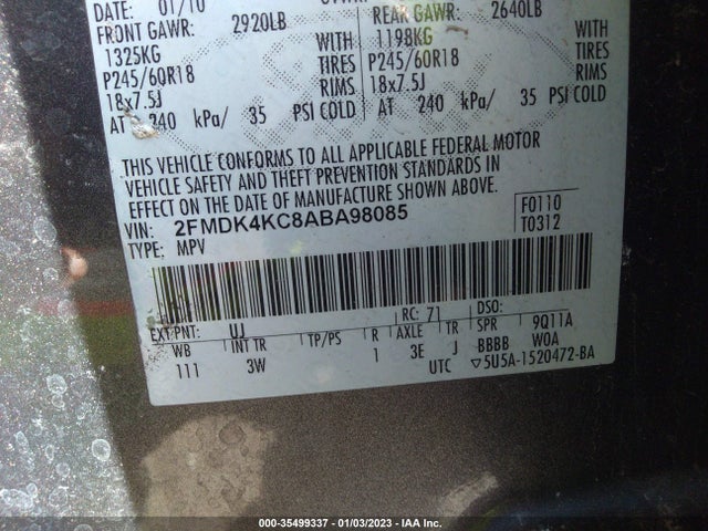 2010 FORD EDGE LIMITED VIN: 2FMDK4KC8ABA98085