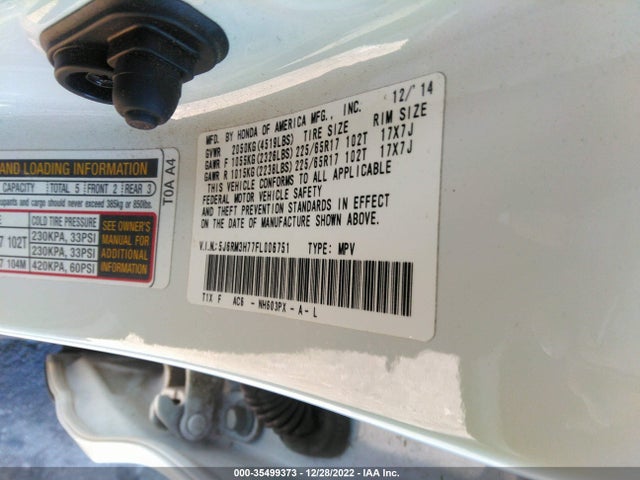 Honda Cr-v Ex-l 2015 5J6RM3H77FL006751 Image 9