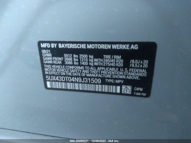 2022 BMW X4, VIN: 5UX43DT04N9J31509
