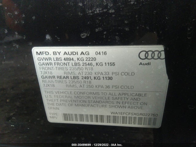 2016 Audi Q3, VIN: WA1EFCFSXGR022750