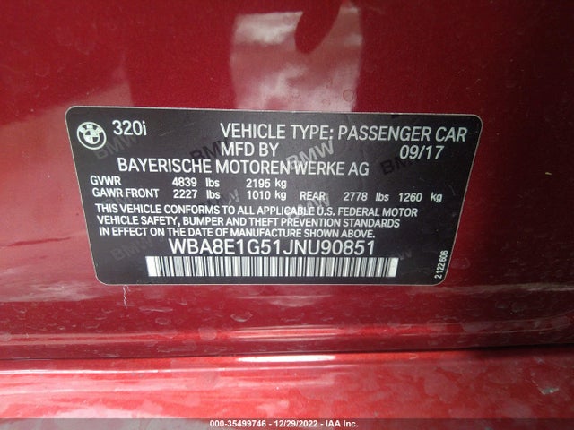 BMW 3 Series 320i 2018 WBA8E1G51JNU90851 Image 9
