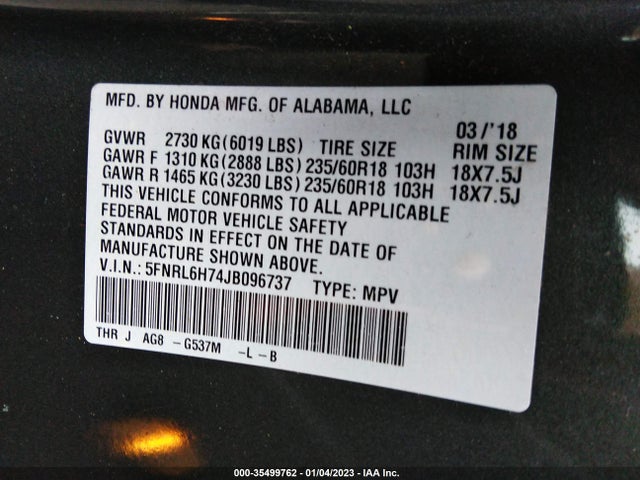 2018 Honda Odyssey, VIN: 5FNRL6H74JB096737