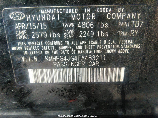 2015 Hyundai Azera, VIN: KMHFG4JG4FA483211