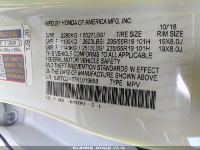 5J8TC2H77KL019858 Acura Rdx W/advance Pkg