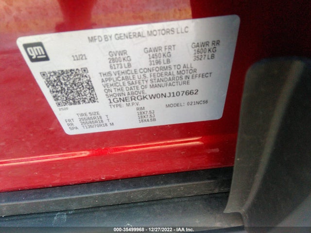 2022 Chevrolet Traverse, VIN: 1GNERGKW0NJ107662