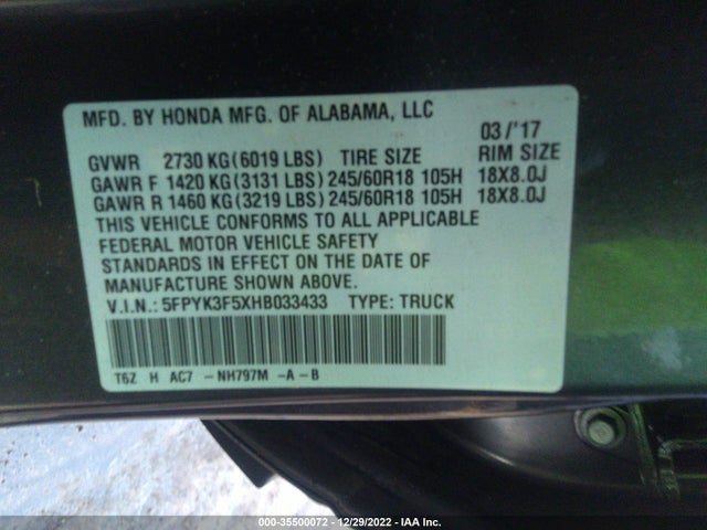 2017 HONDA RIDGELINE RTL VIN: 5FPYK3F5XHB033433