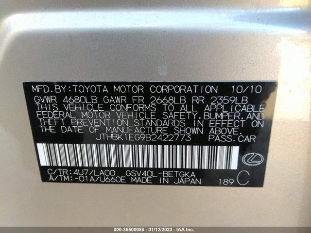 JTHBK1EG9B2422773 Lexus ES 350