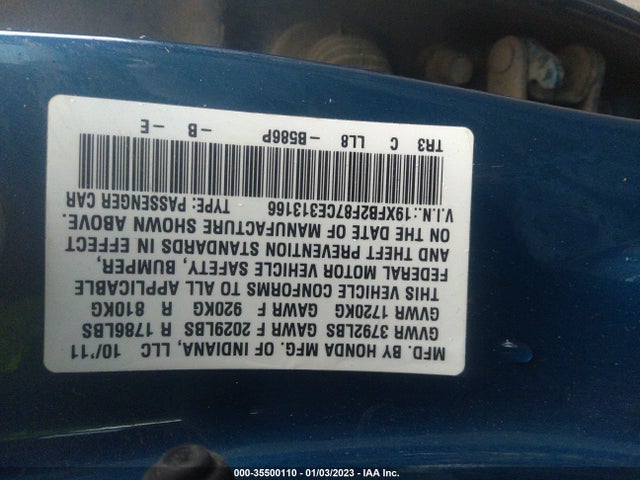 2012 HONDA CIVIC SDN EX VIN: 19XFB2F87CE313166