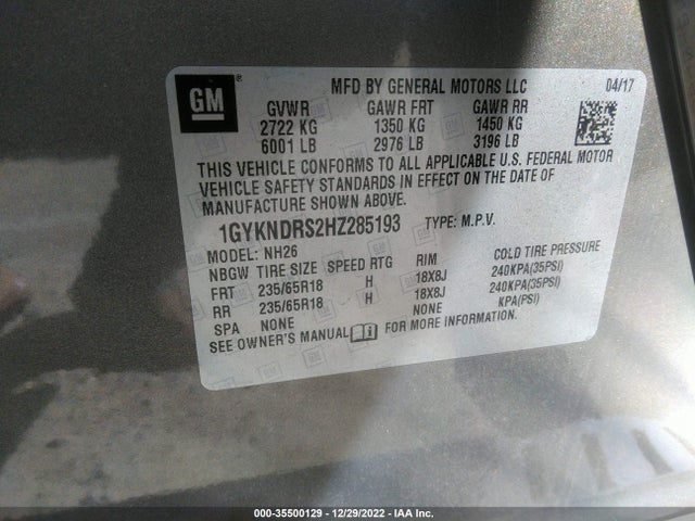 1GYKNDRS2HZ285193 Cadillac Xt5 Luxury Awd