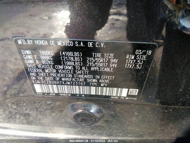 2018 Honda HR-V, VIN: 3CZRU6H7XJM723167