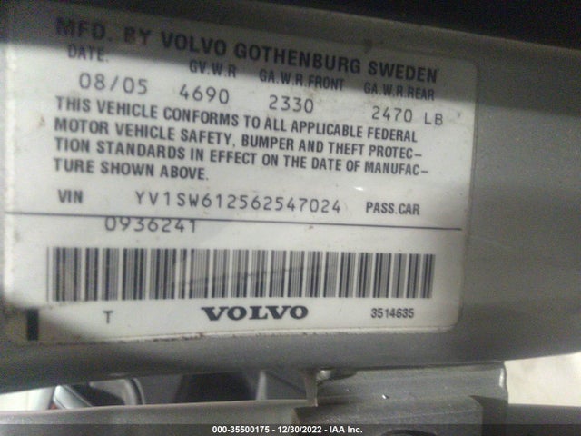2006 VOLVO V70 2.4L VIN: YV1SW612562547024