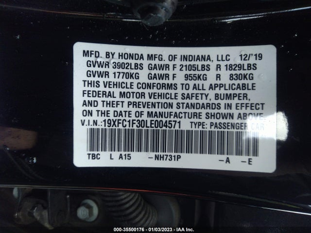 2020 HONDA CIVIC SEDAN EX VIN: 19XFC1F30LE004571