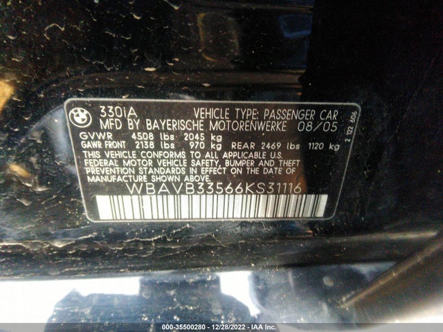 2006 BMW 3 SERIES 330I VIN: WBAVB33566KS31116