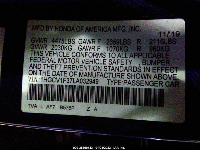 2020 HONDA ACCORD SEDAN SPORT VIN: 1HGCV1F37LA032949