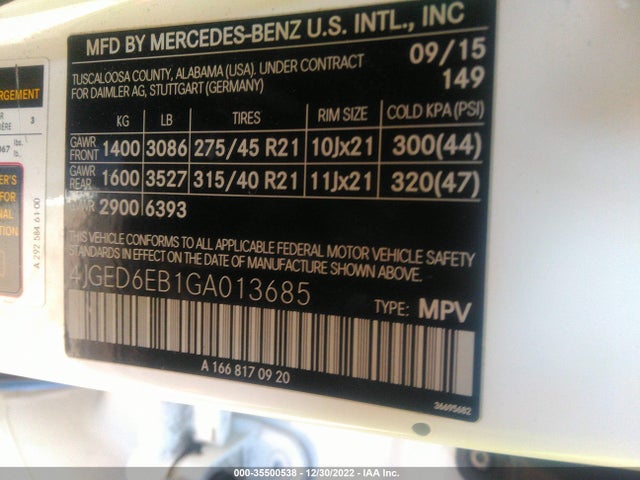 2016 Mercedes-Benz GLE-Class, VIN: 4JGED6EB1GA013685