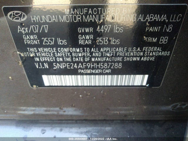 Hyundai Sonata 2.4l 2017 5NPE24AF9HH587288 Image 9