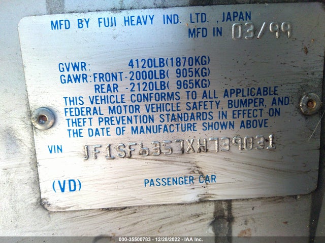 1999 SUBARU FORESTER L VIN: JF1SF6357XH739031