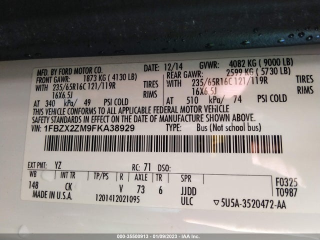 2015 Ford Transit, VIN: 1FBZX2ZM9FKA38929
