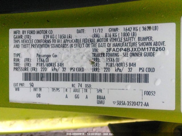 2013 FORD FIESTA SE VIN: 3FADP4BJXDM178260