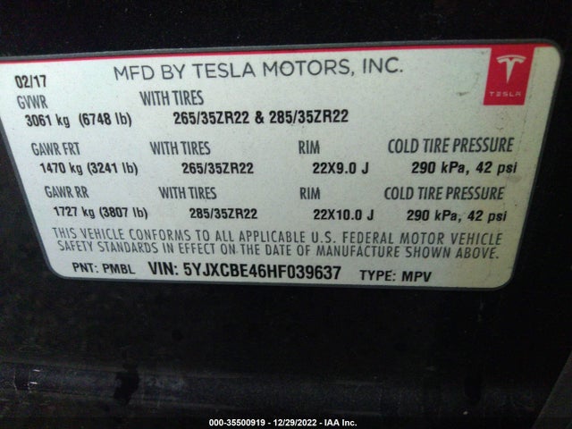 2017 Tesla Model X, VIN: 5YJXCBE46HF039637