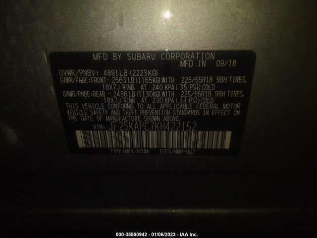 2019 SUBARU FORESTER SPORT VIN: JF2SKAPC7KH422152