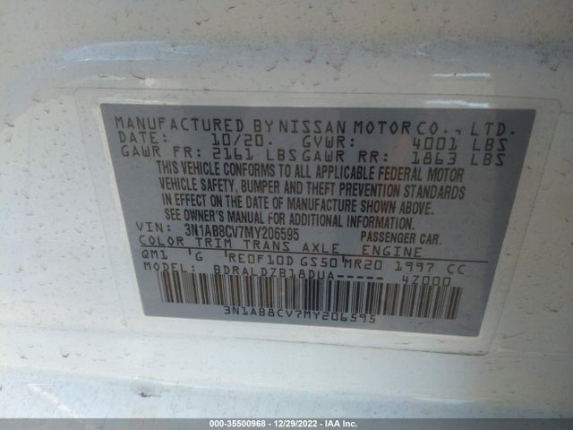 2021 NISSAN SENTRA SV VIN: 3N1AB8CV7MY206595