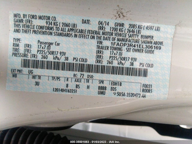2014 FORD FOCUS ELECTRIC VIN: 1FADP3R41EL306169