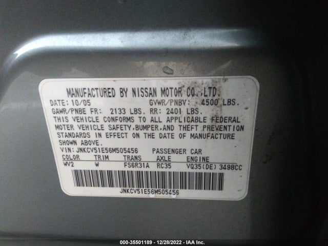 2006 INFINITI G35 SEDAN VIN: JNKCV51E56M505456