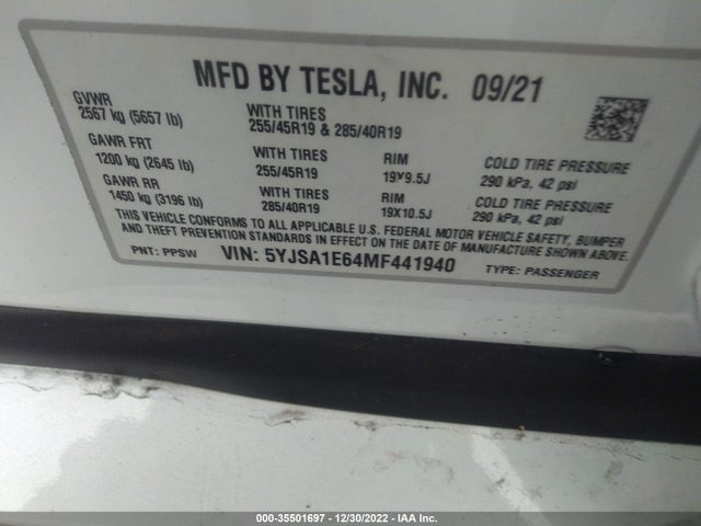 2021 Tesla Model S, VIN: 5YJSA1E64MF441940