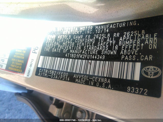 2015 Toyota Camry, VIN: 4T1BD1FK2FU144349