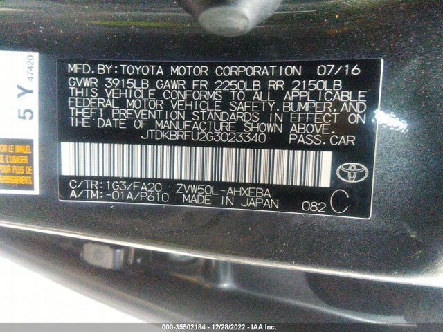 Toyota Prius Two 2016 JTDKBRFU2G3023340 Image 9