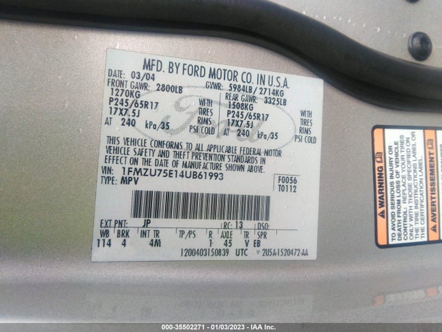 2004 FORD EXPLORER LIMITED VIN: 1FMZU75E14UB61993