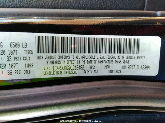 2020 Dodge Durango, VIN: 1C4RDJAG0LC124821