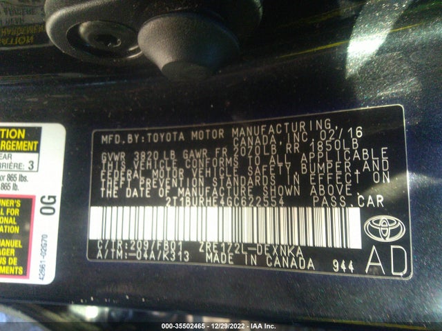 2016 TOYOTA COROLLA L/LE/S/S PLUS/LE PLUS VIN: 2T1BURHE4GC622554
