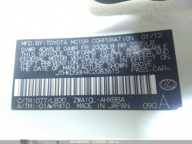 Lexus CT 200H 2012 JTHKD5BH4C2083615 Image 9