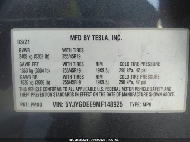 2021 TESLA MODEL Y LONG RANGE VIN: 5YJYGDEE9MF148925