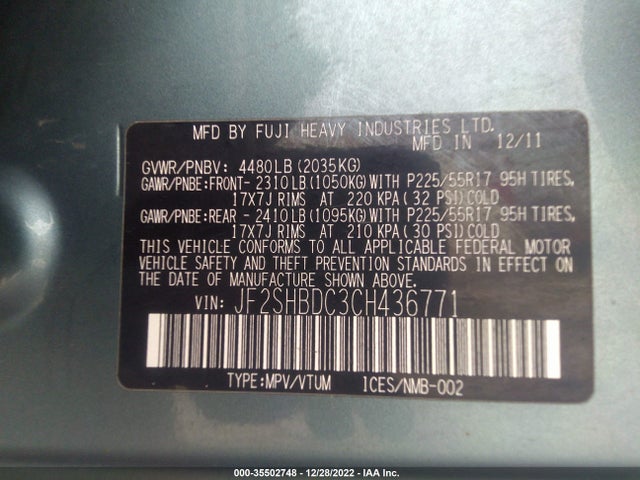 2012 SUBARU FORESTER 2.5X PREMIUM VIN: JF2SHBDC3CH436771