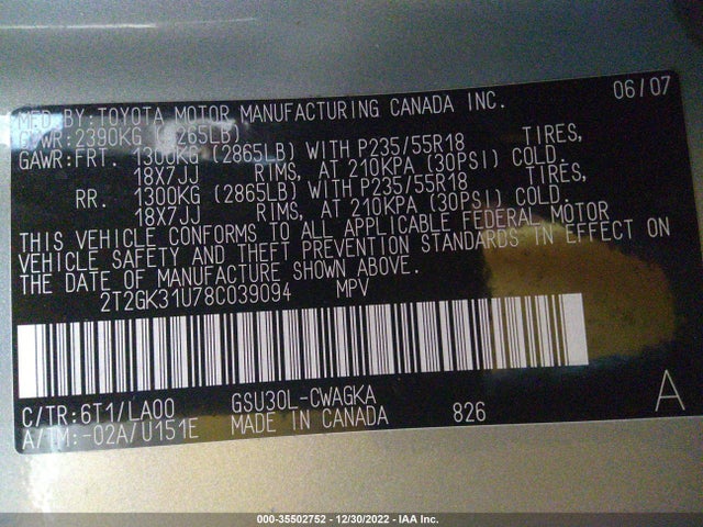 2T2GK31U78C039094 Lexus RX 350