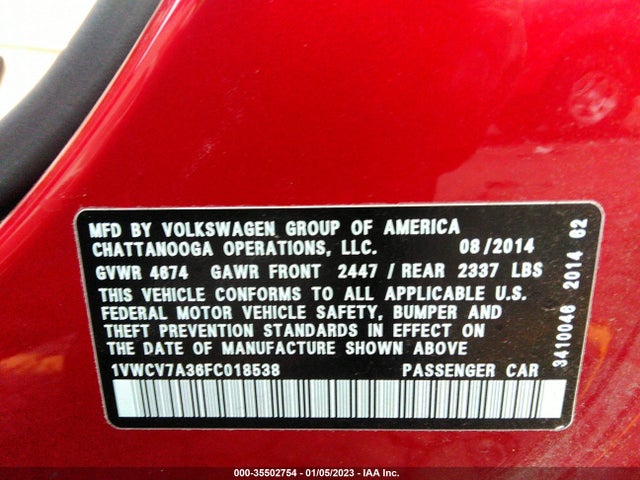 2015 Volkswagen CC, VIN: 1VWCV7A36FC018538