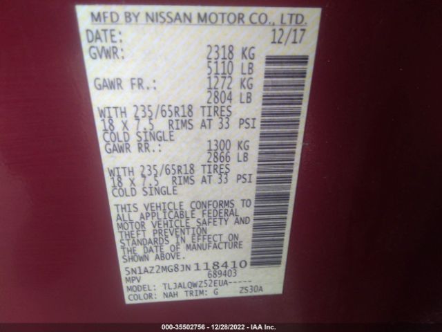 5N1AZ2MG8JN118410 Nissan MURANO SV