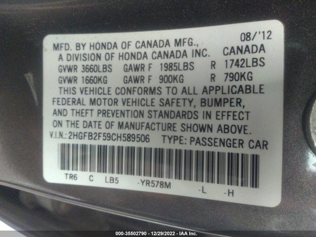 2012 HONDA CIVIC SDN LX VIN: 2HGFB2F59CH589506