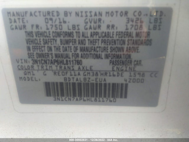 2017 Nissan Versa, VIN: 3N1CN7AP6HL811760