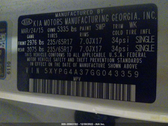 5XYPG4A37GG043359 KIA SORENTO LX